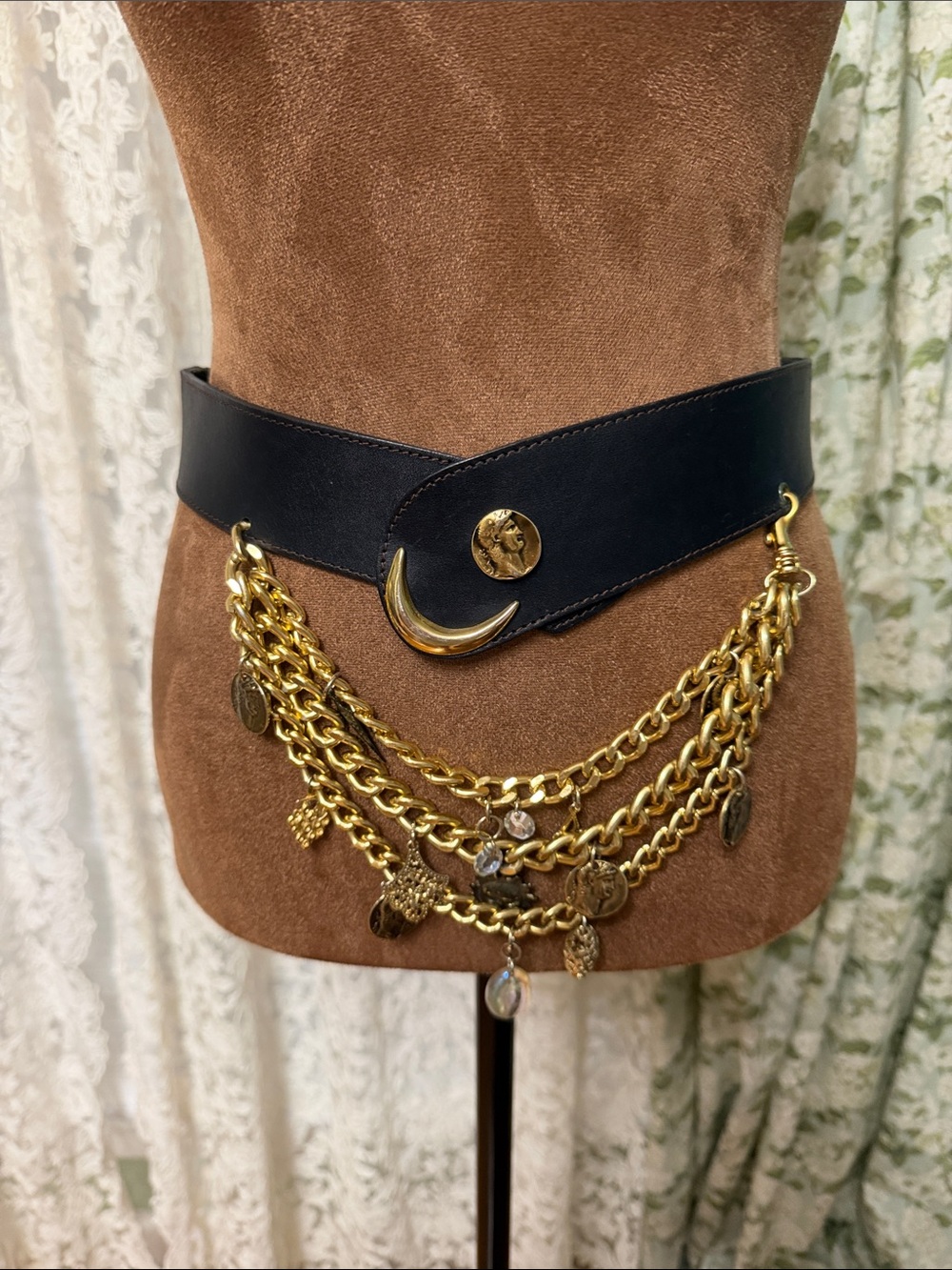 Byblos Black Leather Waist Belt with Gold Crescent and Chain Charms